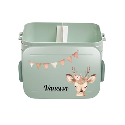 Mepal Fiambrera Take a Break personalizada para niños, fiambrera con separador, fiambrera con nombre, separador, diseño de ciervo, boho midi menta