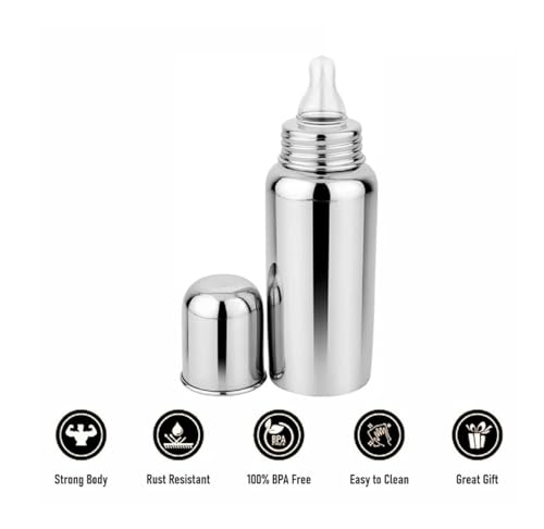 Image of Stainless Steel 304 Grade Baby Feeding Bottle and Cleaning Brush Set | Steel Soft Silicone for Newborns, Infants, Toddlers, and Kids of 6 Months to 2 Years | Silver | 250ml | Pack of 1