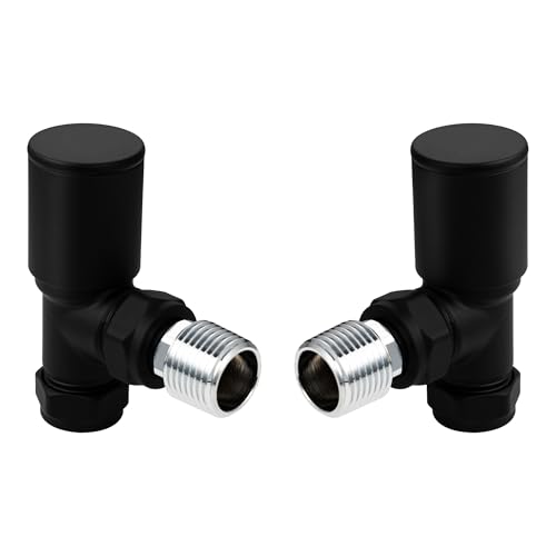 Image of VANCOCO 2Pcs Matte Black Angled 1/2"×15mm Towel Rail Valves, Round Head Manual Radiator Valves Compression Connection Pair for Central Heating Modern Bathroom
