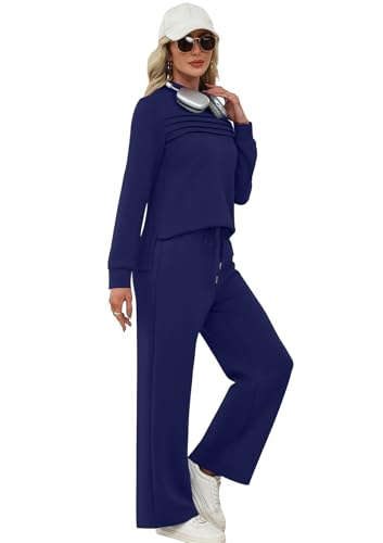 Image of WIHOLL Two Piece Sets for Women Fall Travel Vacation Outfits 2026 Long Sleeve Lounge Sets Side Slit Wide Leg Pants XS-3XL