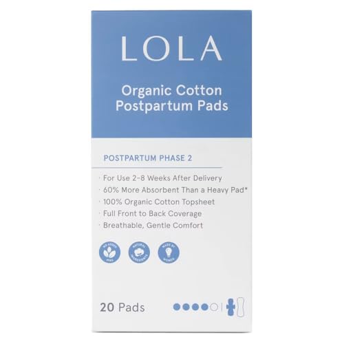 Image of LOLA 100% Organic Cotton Postpartum Pads - 20 Count, Ultra Absorbent and Extra Long Pads, Overnight and Full Coverage, Adult Incontinence Pad for Women, Postpartum Essentials Phase 2