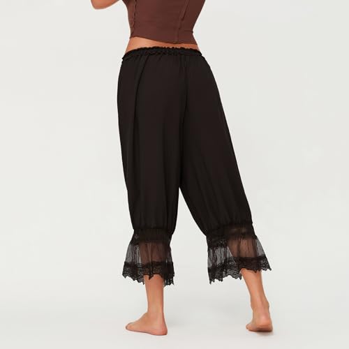 Image of KOSUSANILL Women Long Bloomer Pants Lace Trim Ruffle Pantaloons Cropped Lounge Pajama Bottoms Y2K Capri Pettipants