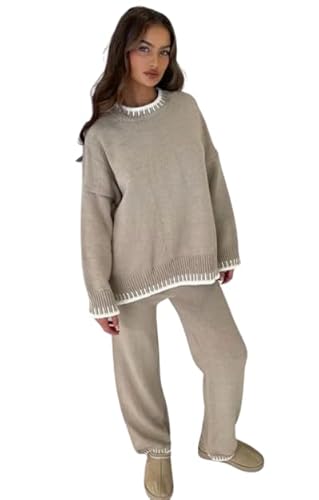 Crazy Girls Women’s Knitted Oversized Winter Warm Co-Ord Tracksuit Sets Ladies Long Sleeve Knitwear Jumper 2 Pcs Set Size UK 8-16 (One Size, Beige)