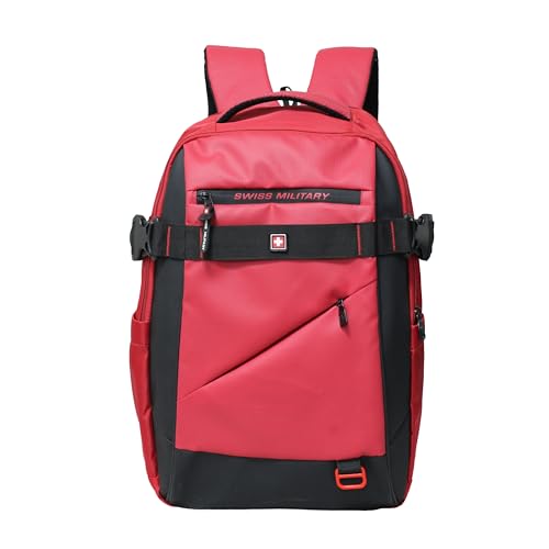 Image of SWISS MILITARY 30L Unisex Laptop Travel Backpack for 15.6-Inch Laptops - with Luggage Strap, Detachable Key Ring, Anti-Theft Pocket, Expandable Bottle Pocket for Office and College Use-Red