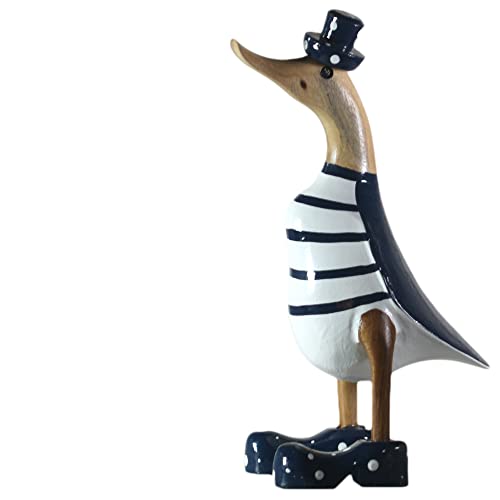 ART-CRAFT Ente en bois Ente marchant Décoration de jardin Figurine en racine de bambou et bois de teck ondulée bleue peinte à la main 25 cm de haut