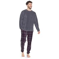 GM Apparel Men's Fleece Pyjama Set | Winter Warm PJs Nightwear, Sleepwear Loungewear | Super Soft Cosy Plain Top & Checked 2 Piece Bottoms Set - Gifts for Men (UK-L, Charcoal/Check)