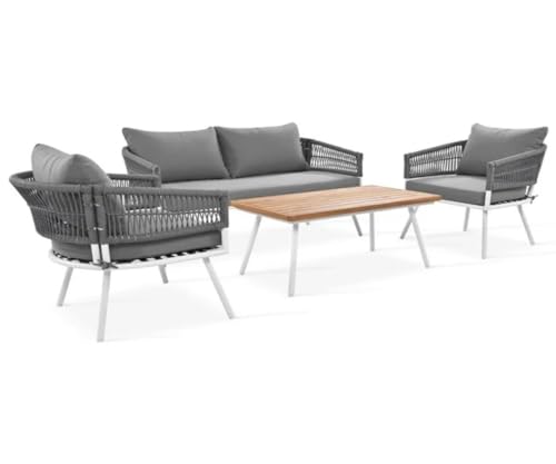 Image of 4 Outdoor Sofa Garden Balcony Sofa Patio Conversation Sofa Set with Coffee Table Wood Top for Living Room Lown Pool Rope Outdoor Chair Set-with-Wood-Table-for-Backyard(Grey)