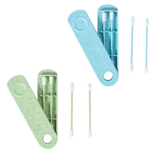 COYUN 4 Pcs Coton Tige Réutilisable Spirale avec 2 étui de Coton-Tige Voyage Vert et Bleu Coton Tige Silicone Spirale Coton-tige Réutilisable pour le Nettoyage des Oreilles Maquillage, etc