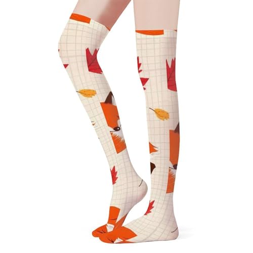 WUXEKZO Girls Women Fashion Fall Maple Leaves Autumn Foxes Cushioned Crew Socks for Cosplay, Soccer, Cycling, Quick Dry Long High Tube Socks