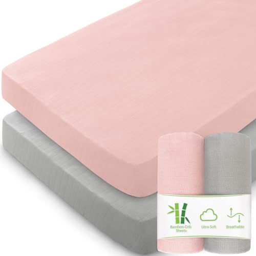Image of Muslin Crib Sheets for Boys and Girls 2 Pack, Ultra Soft Muslin Fitted Baby Crib Sheet for Standard Crib Mattress & Toddler Bed Mattress, Grey and Pink