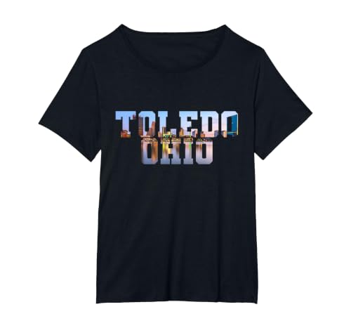 Toledo Maumee River Skyline Inside Toledo Ohio Block Letters T-Shirt, Women's Plus, Black, 3X