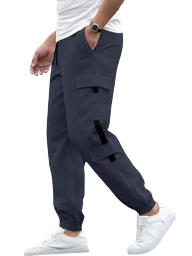 Image of Men's Cargo Pants | Lycra Blend Regular Fit | Solid Color Casual Trousers with Drawstring Closure | Comfortable Everyday Bottoms