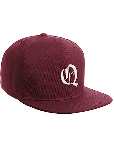 Daxton Classic Snapback Hat Old English Font Alphabet A to Z Flat Bill Visor Cap, Burgundy Hat, White Q
