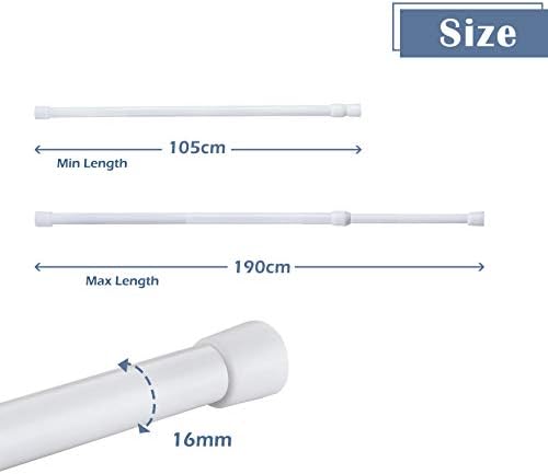 Aluminium Extendable Curtain Rod Tension Pole Easy Fitting For Net Curtains, Shower Curtains or Voile, Length 105-190cm, Diameter 1.6cm