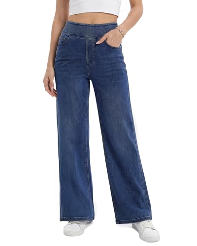 TONIRY Pull on Jeans for Women Petite, High Waisted Wide Leg Sweatpants Jeans Woman Stretch Elastic Waistband Tummy Control Straight Leg Denim Pants Comfor Casual Work Wear 29