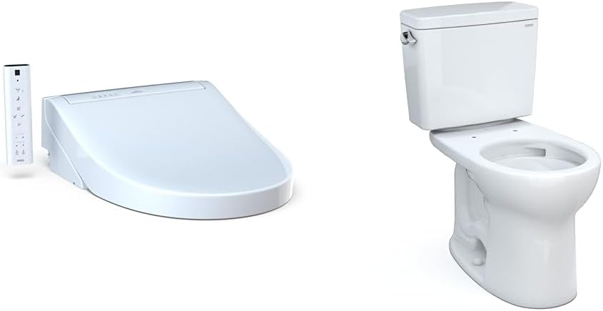 TOTO SW3083#01 WASHLET C5 Round Electronic Bidet Toilet Seat, C5Round, Cotton White & Drake Two-Piece Round 1.6 GPF Universal Height TORNADO FLUSH Toilet with CEFIONTECT, Cotton White - CST775CSFG#01