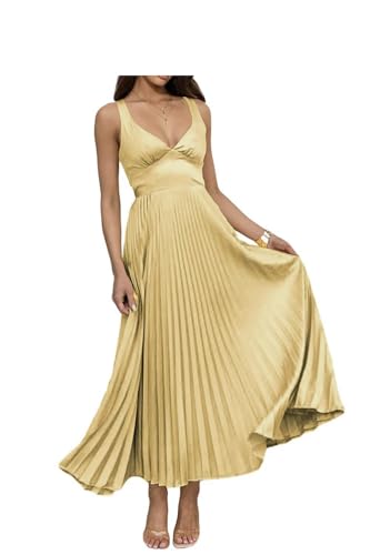 Infuness Damen Abendkleider Lang Falten Elegant Satin A-Linie Brautjungfernkleid Spaghetti Festlich Ballkleid für Hochzeit