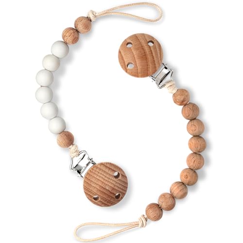 Image of 2 Packs Pacifier Clips for Baby, 100% Food Grade Silicone Pacifier Holders, Paci Binky Clips for Baby Girl and Boy, Natural Beech Hardwood (White & Hardwood)