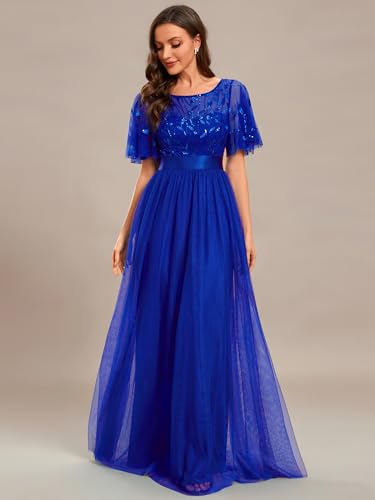 Image of Ever-Pretty Sequin Formal Prom Dresses for Women Ruffle Sleeves Empire Waist A-Line Long Mother of Bride Dress 00904