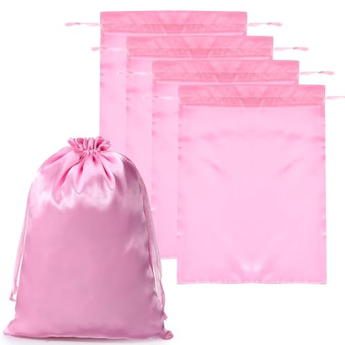 Lot de 4 sacs de rangement en satin pour perruque avec cordon de serrage - Sac de rangement en satin rose pour jouets d'adultes - Sac multifonction pliable pour perruques, extensions de cheveux
