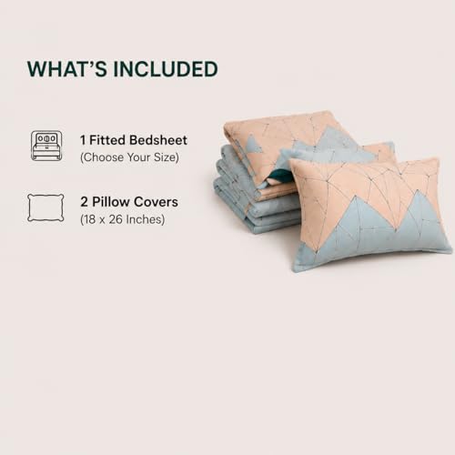 Image of Diamond Check Fitted Bedsheet for Double Bed with 2 Pillow Covers | Premium Soft Feel | Elegant Blue Geometric Design | Elastic All Around with Deep Pocket Fit | King Size 72x78 Inches