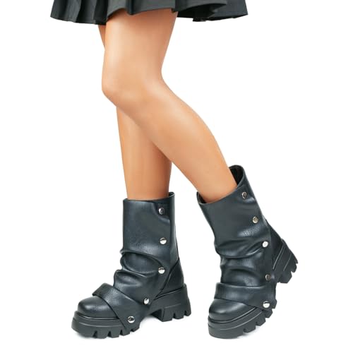 HiColor Women's even-soled heel Ankle Boots Lazy Folding Wide Detachable Button Boots4