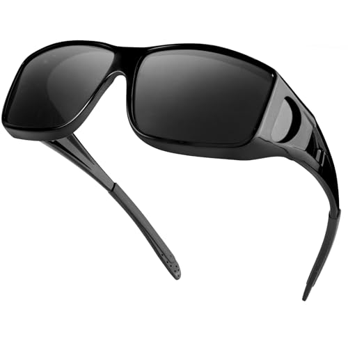 VIEWBETTER 偏光フィット オーバーグラス サングラス メンズ ラップアラウンドシェード UV保護 眼鏡の上から着用 SG0312, C04ブラックフレームグレーレンズ。, L（Amazon）