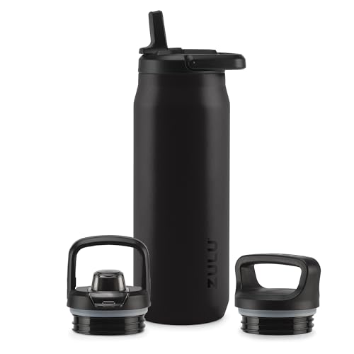 ZULU Base 32oz Stainless Steel Water Bottle with 3 Lids- Straw, Chug, Twist | Double Walled and Vacuum Insulated Metal Thermos | For Gym, Outdoor, Built in Carry Loop, Dishwasher Safe, Black