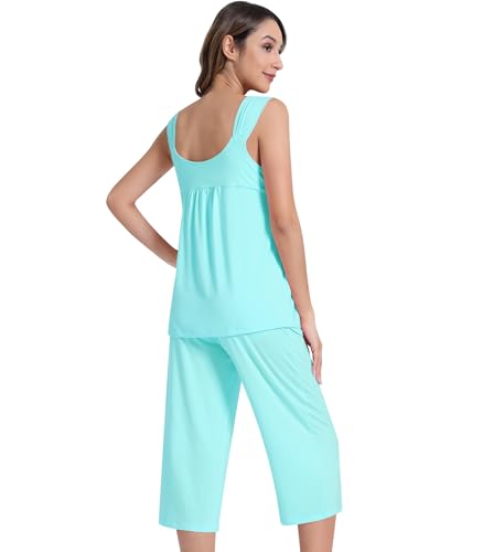 Image of NACHILA Pajamas for Women-Viscose Made from Bamboo, Sleeveless Pjs Top and Capri Pants Pajama Set Cool Pleated Sleepwear