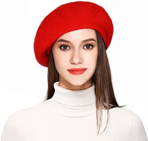 Jeicy Wool Beret Hat Solid Color French Beret with Skily Scarf and Brooch, Red