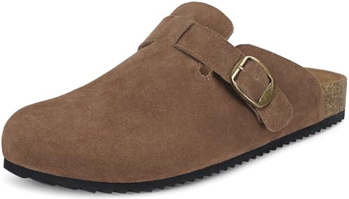 Image of Genuine Suede Clogs Womens Mens Cork Footbed Sandals Potato Shoes | Unisex Suede Leather Mules ,Arch Support,Adjustable Metal Buckle,Cork and Rubber,Wonderful Quality