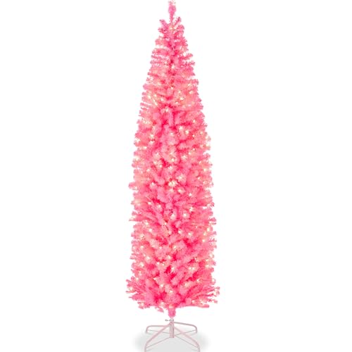 Best Choice Products Pre-Lit Pink Pencil Christmas Tree, 7.5ft Slim Lighted Artificial Décor w/Incandescent White Lights, Skinny Tree, Metal Base