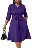 FANDEE Purple Prom Dress for Women Elegant Wrap Flared Midi Dress Wedding Guest Cocktail Tea Dresses A-line Swing V-Neck 3/4 Sleeve XL