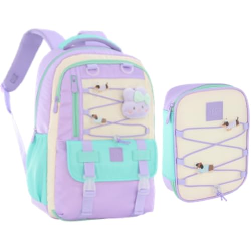 Kit Mochila Feminina Juvenil Pins Removíveis E Bichinho Acompanhante Escolar Juvenil Com Estojo (Lilás)