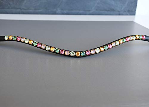 GlücksHucke Bunter Pferde Stirnriemen 'Paradies' in Rosa, Grün & Gold, geschwungen, schmal (VB, Lederfarbe Dunkelbraun) Cover