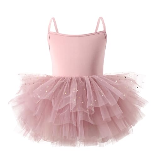 Camisola de ballet tutú para niñas pequeñas, tirantes delgados, leotardo de baile con capas esponjosas, falda de tul brillante de bailarina 3-10T, Rosa encendido, 5-6 años