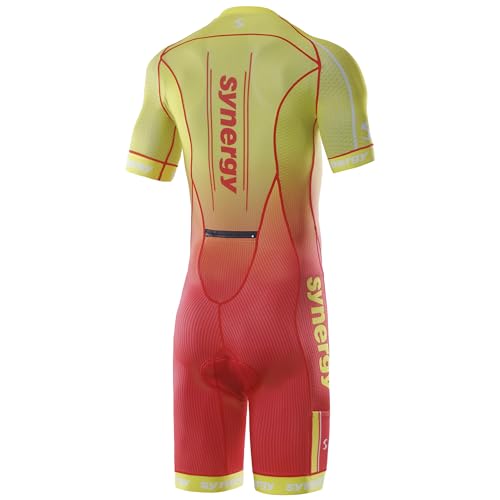Synergy Triathlon Tri Suit - Men\'s Elite Short Sleeve Trisuit Cycling Skinsuit (Sunset Red, Large)