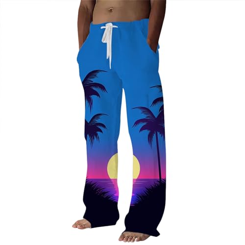 Generic Mens Linen Pants Beach Hawaii Print Casual Summer Casual Pants Elastic Waist Drawstring Baggy Trousers with Pockets, Large, #B5 Blue