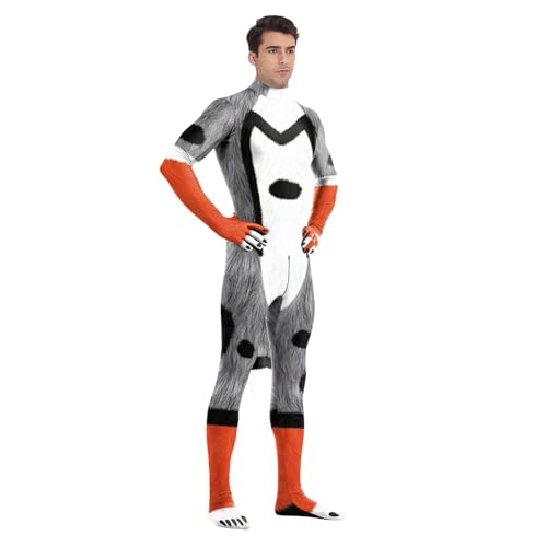 Image of Animal Full Bodysuit for Men Muscle Spandex Jumpsuit Furry Costume with Big Tail for Adult Cosplay Halloween Party