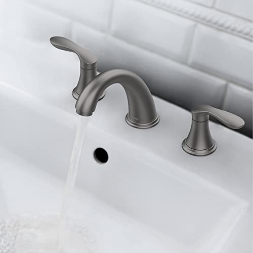 Bathroom Sink Faucet, Faucet for Bathroom Sink, Widespread Gun Grey Bathroom Faucet 3 Hole with Stainless Steel Pop Up Drain and cUPC Lead-Free Hose - (Gun Grey 2 Packs)