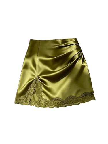 RoseSeek Women's Lace Satin Slit Skirt Silk Ruched Bodycon Mini Skirts