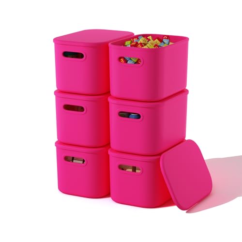 ORGIDOL 6 Pack Pink Storage Bins with Lids Stackable Storage Container for Organizing, Storage Boxes with Handle for Shelves, Cute Storage Bin for Craft, Snacks, 9.85x6.9x5.7 inch