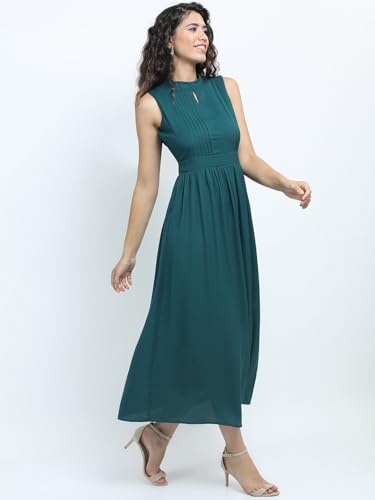Image of Tokyo Talkies Women's Elegant Floral | A-Line Midi Dress | Sweetheart Neck | Short Sleeves |Front Slit & Gathered Detail