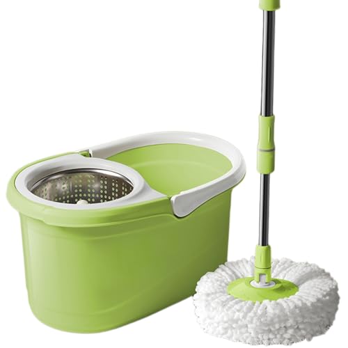 Spin Mop with Adjustable Stainless Steel Handle, Microfiber Replacement Head Refills, Detachable Wringer Basket, mop and Bucket Set for All Floor Cleaning,Green