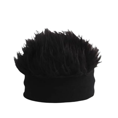 ivyever Men's Funky Faux Fur Knit Beanie Hat, Hip-Hop Style, Spiked Funny Wig Hat, Wig Peaked Baseball Hat with Straight Hair (Black-Black)
