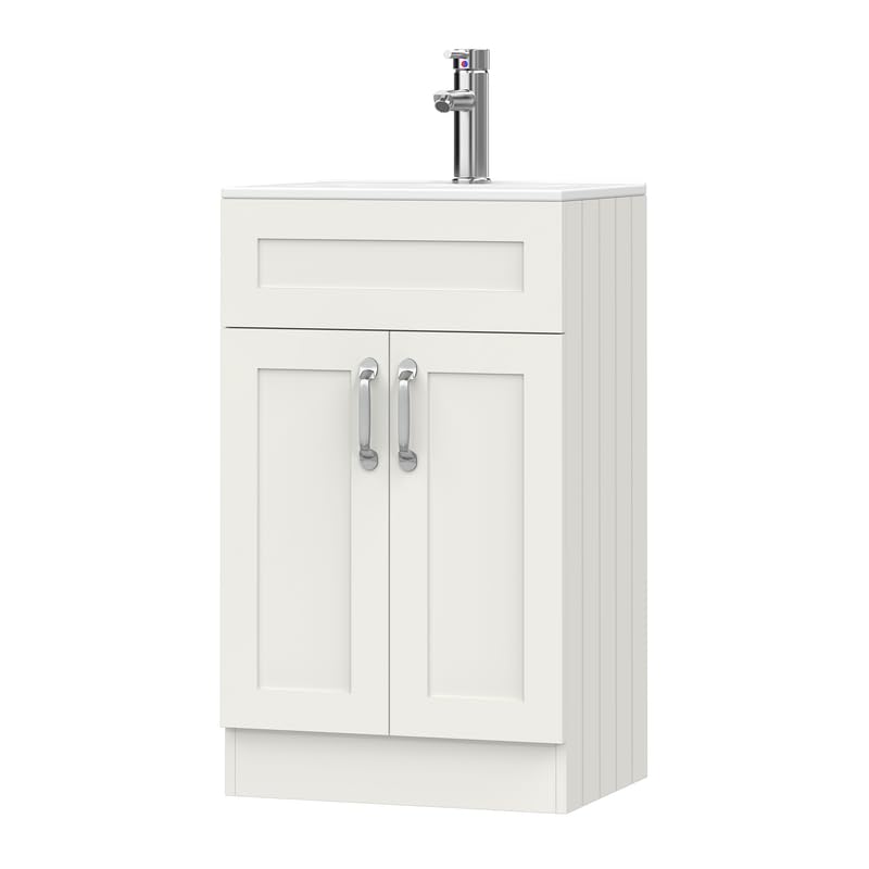 BELOFAY Crawley White 500mm Floor Standing Bathroom Vanity Unit With Basin - Laquered Cloakroom Vanity Unit with 1 Tap Hole Ceramic Basin and Soft Close Hinges. (WASTE INCLUDED)