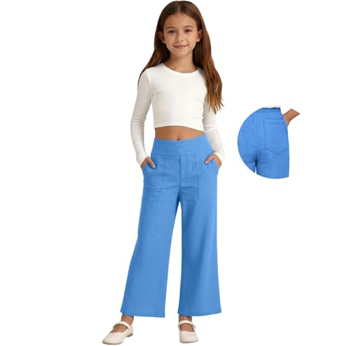 Girls Cotton Linen Summer Pants Wide Leg Casual High Waist Beach Pants Kids Lightweight Straight Loose Elastic Trousers Teen Flowy Vacation Palazzo,Blue, Size 11-12 Years