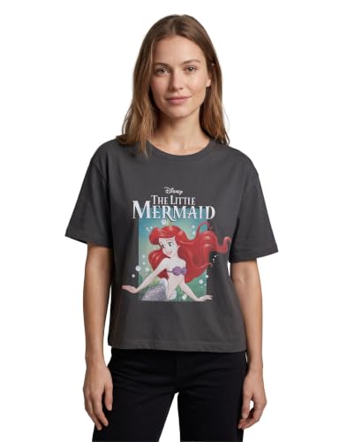 Image of Disney Princess Ariel Womens Grey Cropped Short Sleeved T-Shirt | The Little Mermaid Graphic Tee with Bubbles for Adults Movie Fan Merchandise | Ladies Apparel Gift