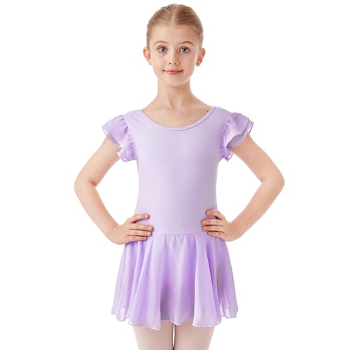 HiDance Girls' Ballet Dress Leotards, Ballerina Dance Dress Ballet Leotards with Skirt (Style 2-Purple, 8-9 Years)