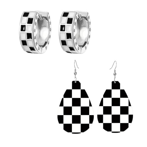 Boucles d'oreilles créoles damier et goutte d'eau noir et blanc pour femme